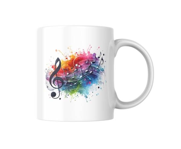 Weiße Keramik-Tasse mit farbenfrohem Musiknoten-Design, das lebendige Farben und fließende Formen kombiniert. Perfekt für Musikliebhaber und als stilvolles Geschenk geeignet.